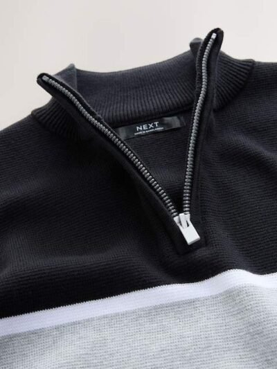 Black Colourblock Zip Neck Knitted Jumper