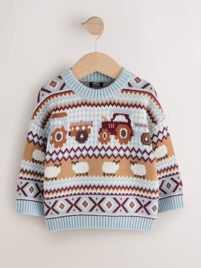 Light Blue Fairisle Pattern Knitted Crew Neck Jumper