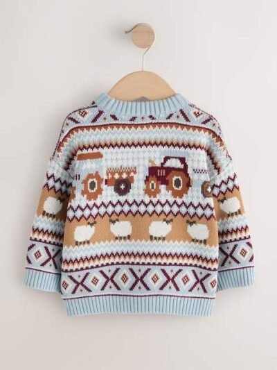 Light Blue Fairisle Pattern Knitted Crew Neck Jumper