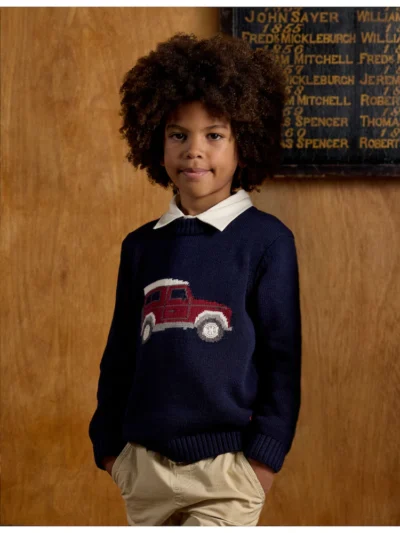 kid model wearing Joules Kids' Intarsia Knit Jumper - Festive Navy Blue