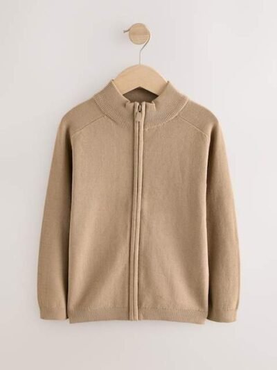 Tan Brown Zip Through Knitted Cardigan