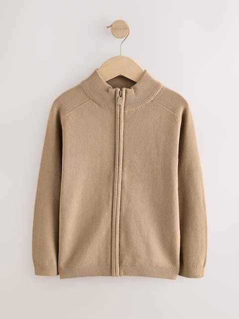 Tan Brown Zip Through Knitted Cardigan