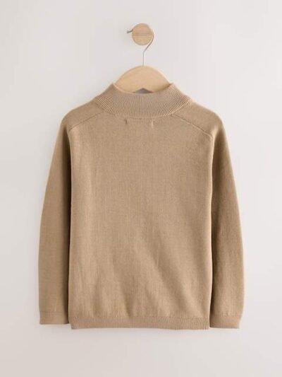 Tan Brown Zip Through Knitted Cardigan