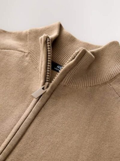 Tan Brown Zip Through Knitted Cardigan