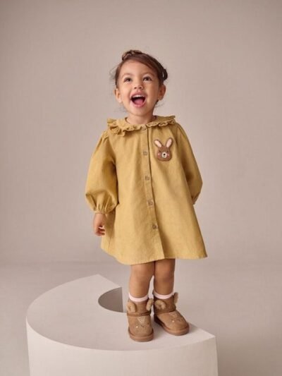 Ochre Yellow Bunny Cord Long Sleeve Dress