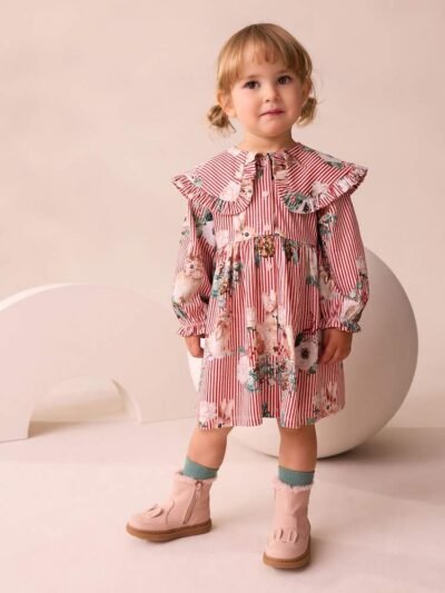 Red Stripe Long Sleeve Collared Dress