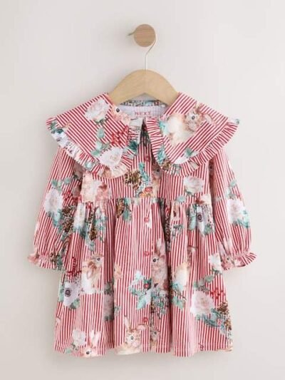 Red Stripe Long Sleeve Collared Dress