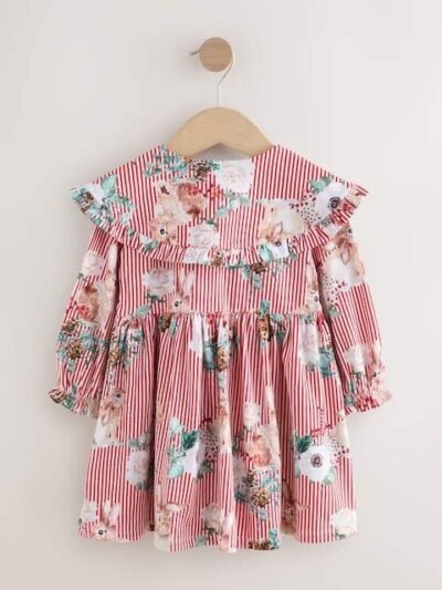 Red Stripe Long Sleeve Collared Dress