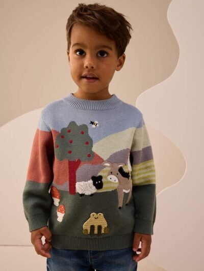 Green/Blue Farm Scene Knitted Jumper