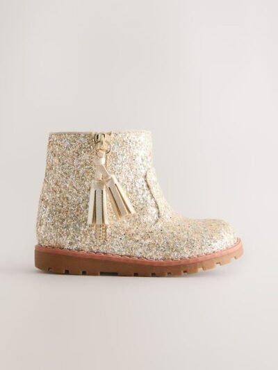Gold Glitter Standard Fit (F) Chelsea Zip Tassel Ankle Boots