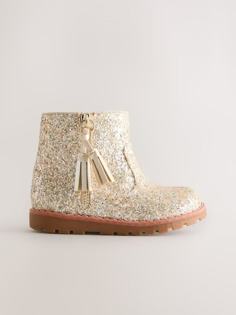 Gold Glitter Standard Fit (F) Chelsea Zip Tassel Ankle Boots