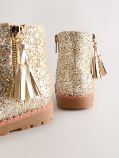Gold Glitter Standard Fit (F) Chelsea Zip Tassel Ankle Boots