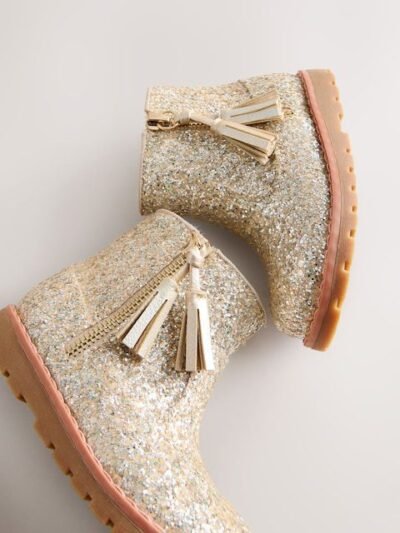 Gold Glitter Standard Fit (F) Chelsea Zip Tassel Ankle Boots