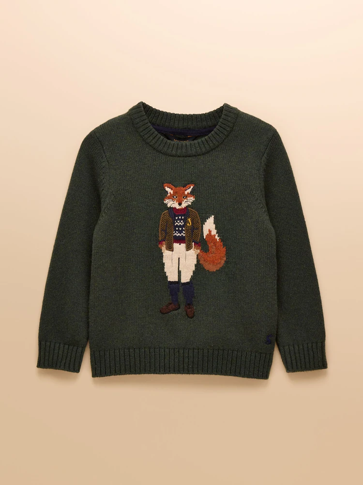 Joules Kids' Jonty Fox Green Knitted Jumper front