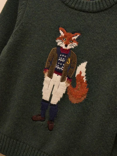 Joules Kids' Jonty Fox Green Knitted Jumper drawing