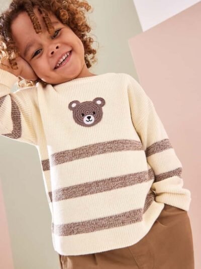 Ecru Cream/Brown Bear Stripe Knitted 100% Cotton Crew Neck Jumper