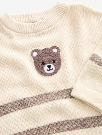 Ecru Cream/Brown Bear Stripe Knitted 100% Cotton Crew Neck Jumper