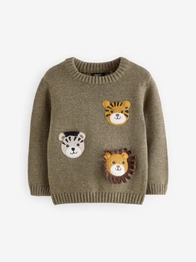 Khaki Green Safari Animals Crew Neck Knitted 100% Cotton Jumper