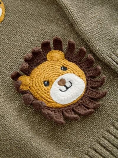 Khaki Green Safari Animals Crew Neck Knitted 100% Cotton Jumper