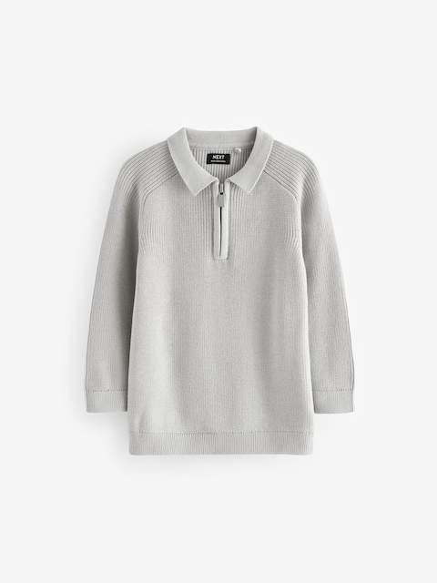 Light Grey Long Sleeve Quarter Zip Knitted Polo Shirt