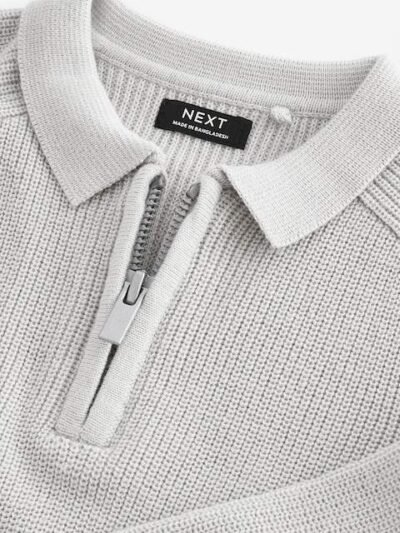Light Grey Long Sleeve Quarter Zip Knitted Polo Shirt