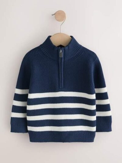 Navy Blue/Ecru Stripe Knitted Quarter Zip Jumper
