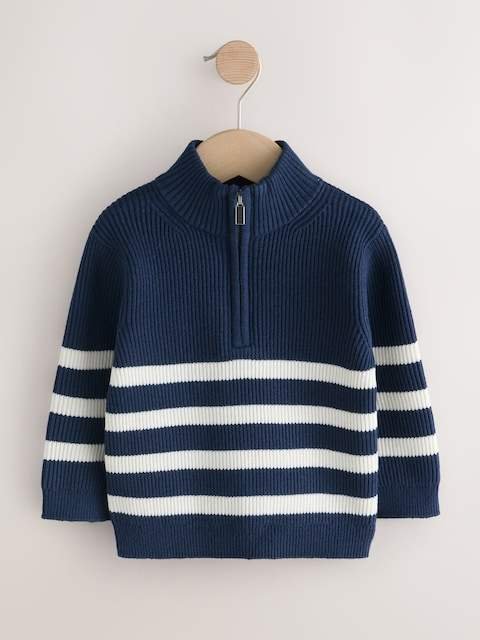 Navy Blue/Ecru Stripe Knitted Quarter Zip Jumper