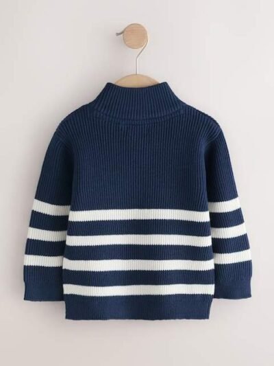 Navy Blue/Ecru Stripe Knitted Quarter Zip Jumper