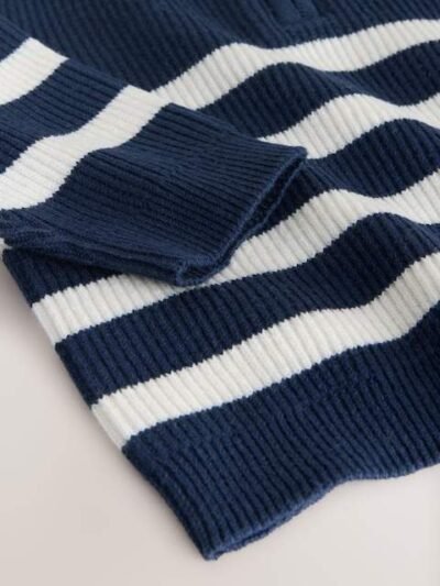 Navy Blue/Ecru Stripe Knitted Quarter Zip Jumper