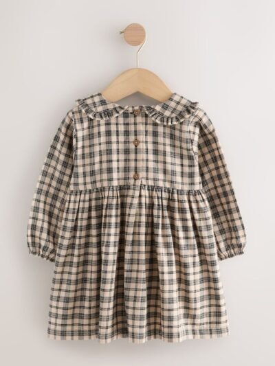 Neutral Check Long Sleeve Collar Dress