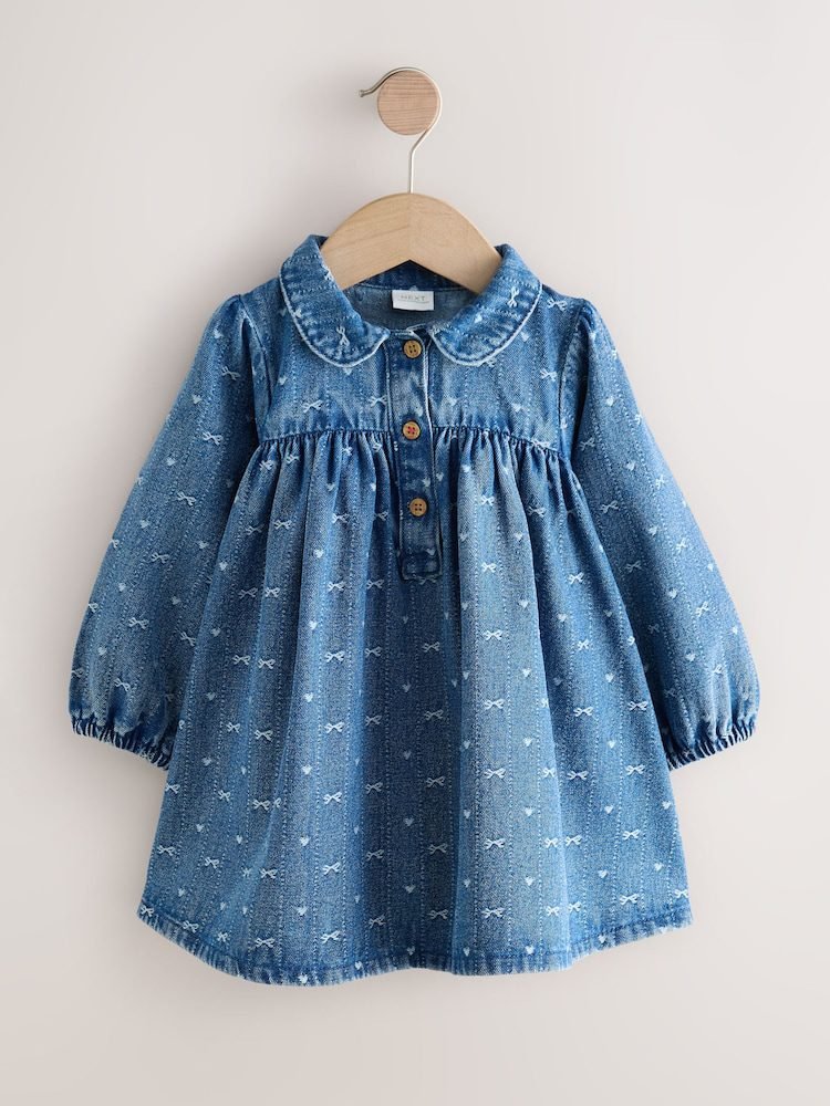 Denim Bow Long Sleeve Collar Dress