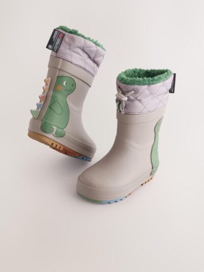 Grey Dinosaur Thermal Thinsulate™ Lined Cuff Wellies