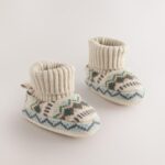Neutral/Blue Fairisle Baby Sock Top Boot Shoes