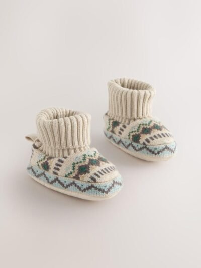 Neutral/Blue Fairisle Baby Sock Top Boot Shoes