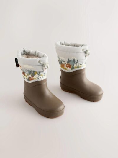 Neutral Brown Bear Scene Quilted Cuff Wellies