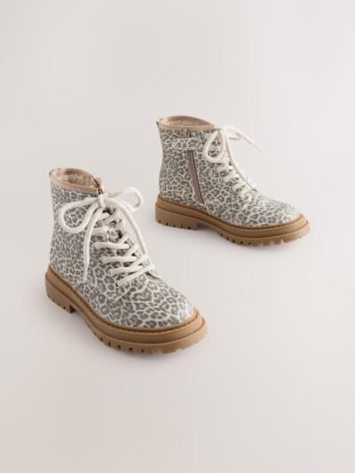 Muted Animal Printed Wide Fit (G) Warm Lined Lace-Up Ankle Boots
