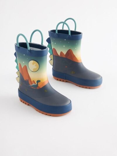 Navy Dinosaur Scene Handle Pull On Wellies