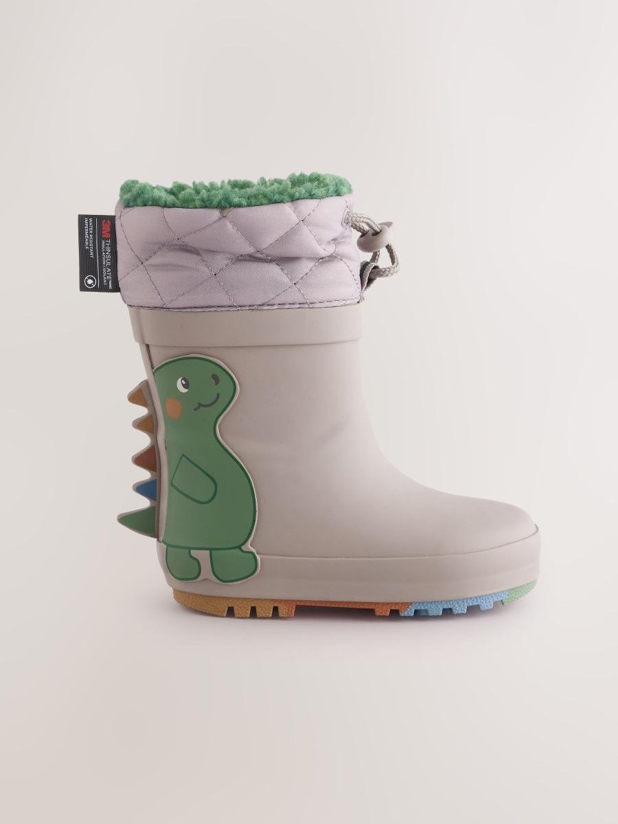 Grey Dinosaur Thermal Thinsulate™ Lined Cuff Wellies