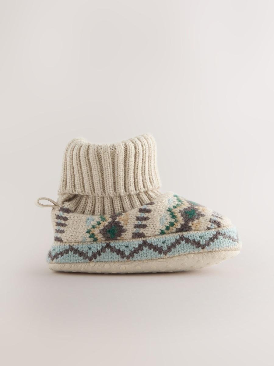 Neutral/Blue Fairisle Baby Sock Top Boot Shoes