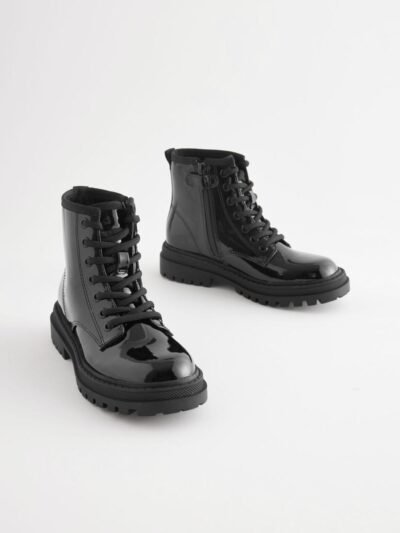 Black Patent Wide Fit (G) Warm Lined Lace-Up Ankle Boots