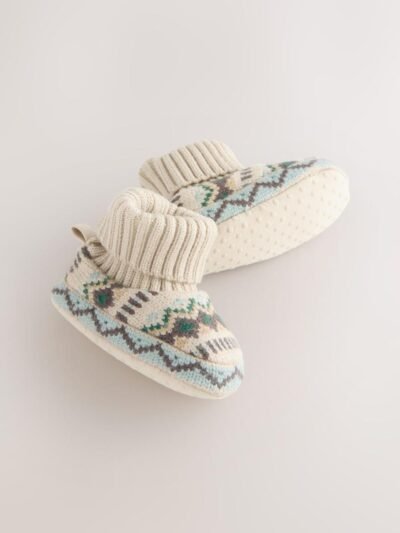 Neutral/Blue Fairisle Baby Sock Top Boot Shoes