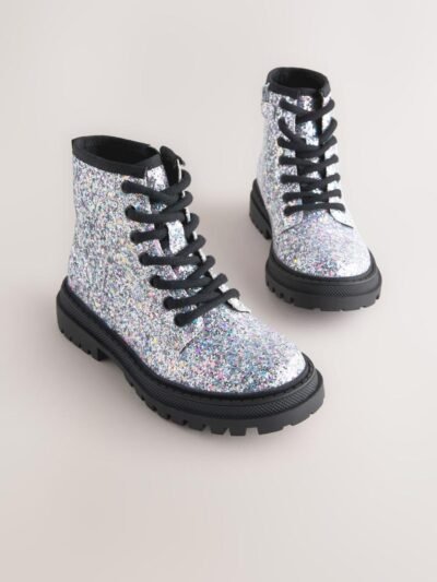 Silver Glitter Wide Fit (G) Warm Lined Lace-Up Ankle Boots
