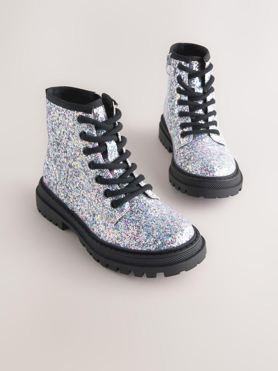 Silver Glitter Wide Fit (G) Warm Lined Lace-Up Ankle Boots