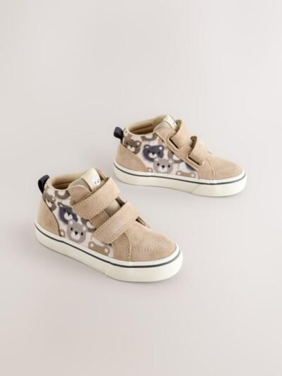 Neutral Brown Bear Print Suede Touch Fastening High Top Trainers