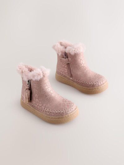 Pink Faux Fur Lined Zip Ankle Boots