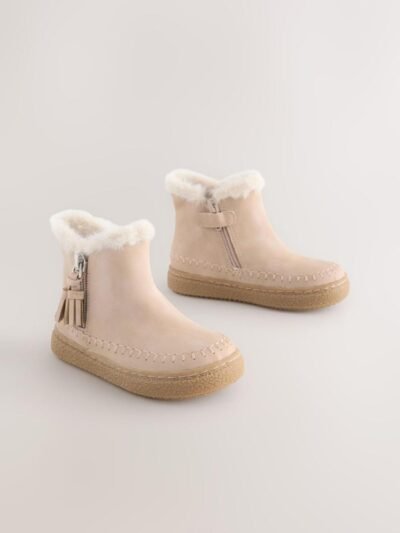 Bone Faux Fur Lined Zip Ankle Boots
