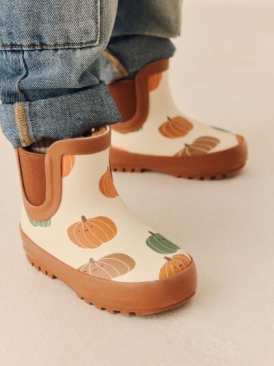 Neutral Pumpkin Halloween Warm Lined Ankle Wellies