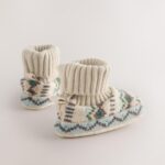 Neutral/Blue Fairisle Baby Sock Top Boot Shoes