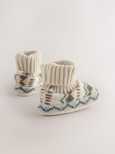 Neutral/Blue Fairisle Baby Sock Top Boot Shoes