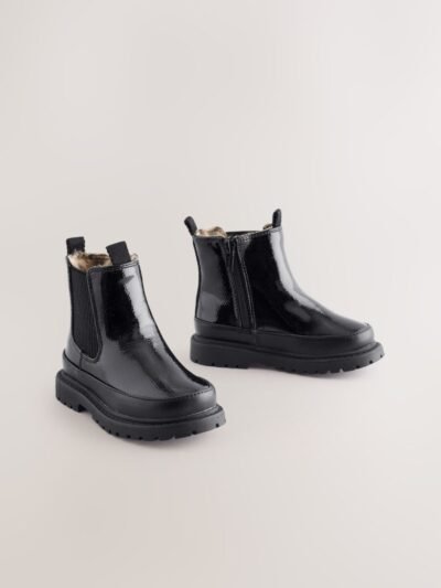 Black Patent Chunky Chelsea Ankle Boots